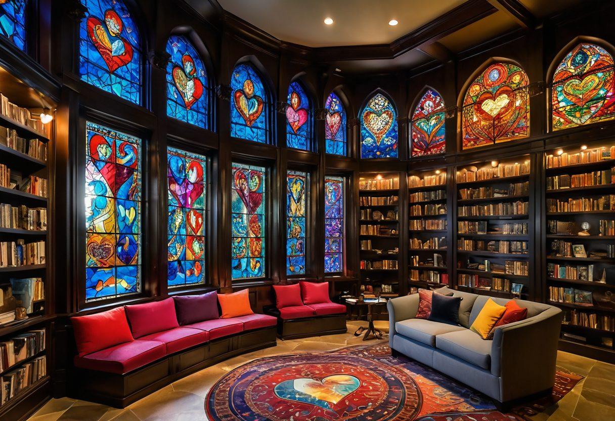 A mystical library filled with shelves of colorful graphic novels, where animated characters come to life and express emotions of romance. Soft, warm lighting filters through stained glass windows illuminating magical, whimsical details like floating hearts and intricate designs. An inviting reading nook with plush seating invites viewers to delve into these enchanting stories. Feel the blend of fantasy and adult themes in this imaginative space. vibrant colors. super-realistic.
