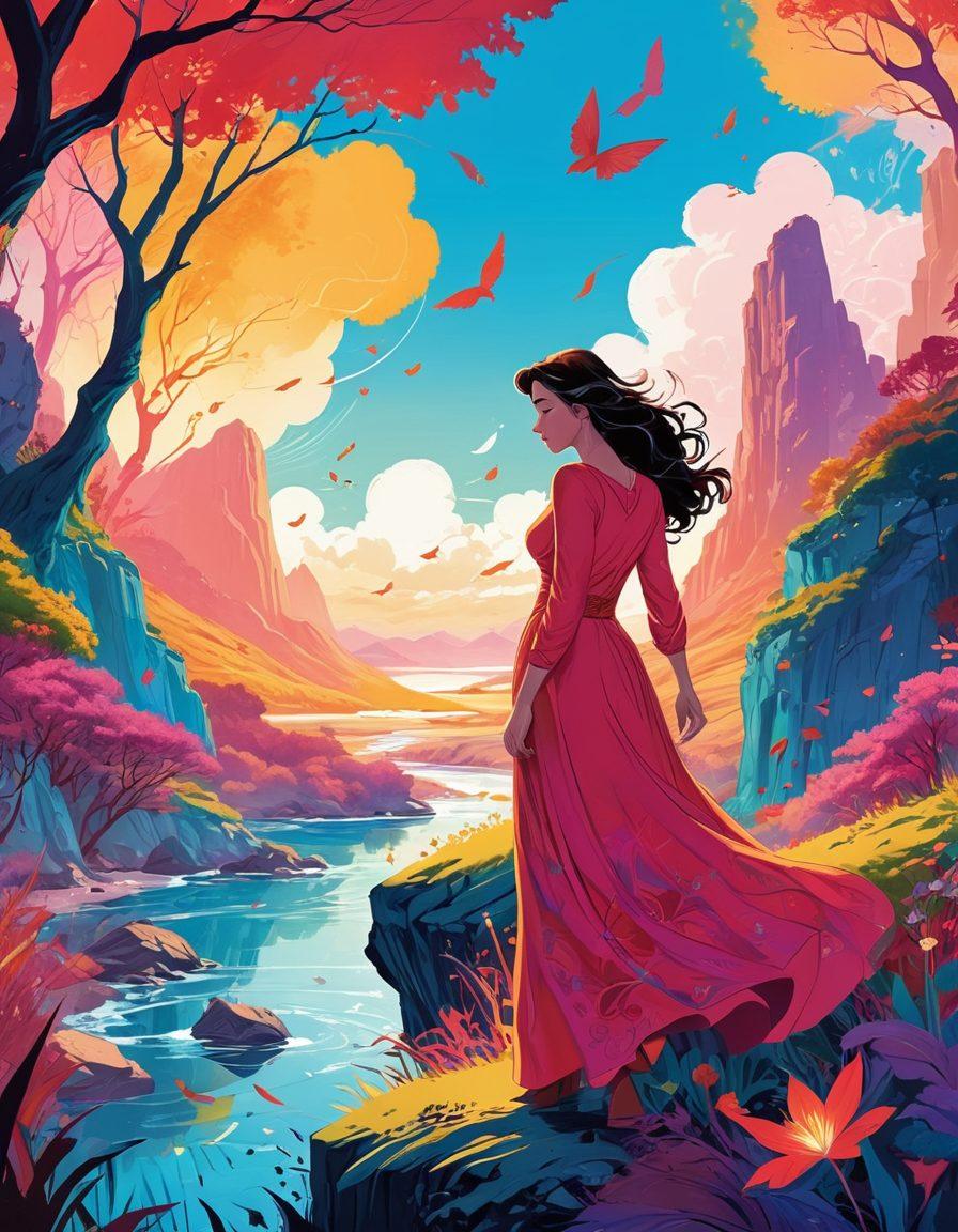 A vibrant comic book page showcasing diverse characters in intimate, expressive poses, blending fantasy elements with real-world settings. Incorporate lush, dreamlike landscapes in the background, with swirling colors creating a sensual atmosphere. Include subtle symbols of storytelling, like ink and quills, woven into the scene. The overall composition should reflect a seamless transition between fantasy and reality. vector art. vibrant colors. dynamic composition.